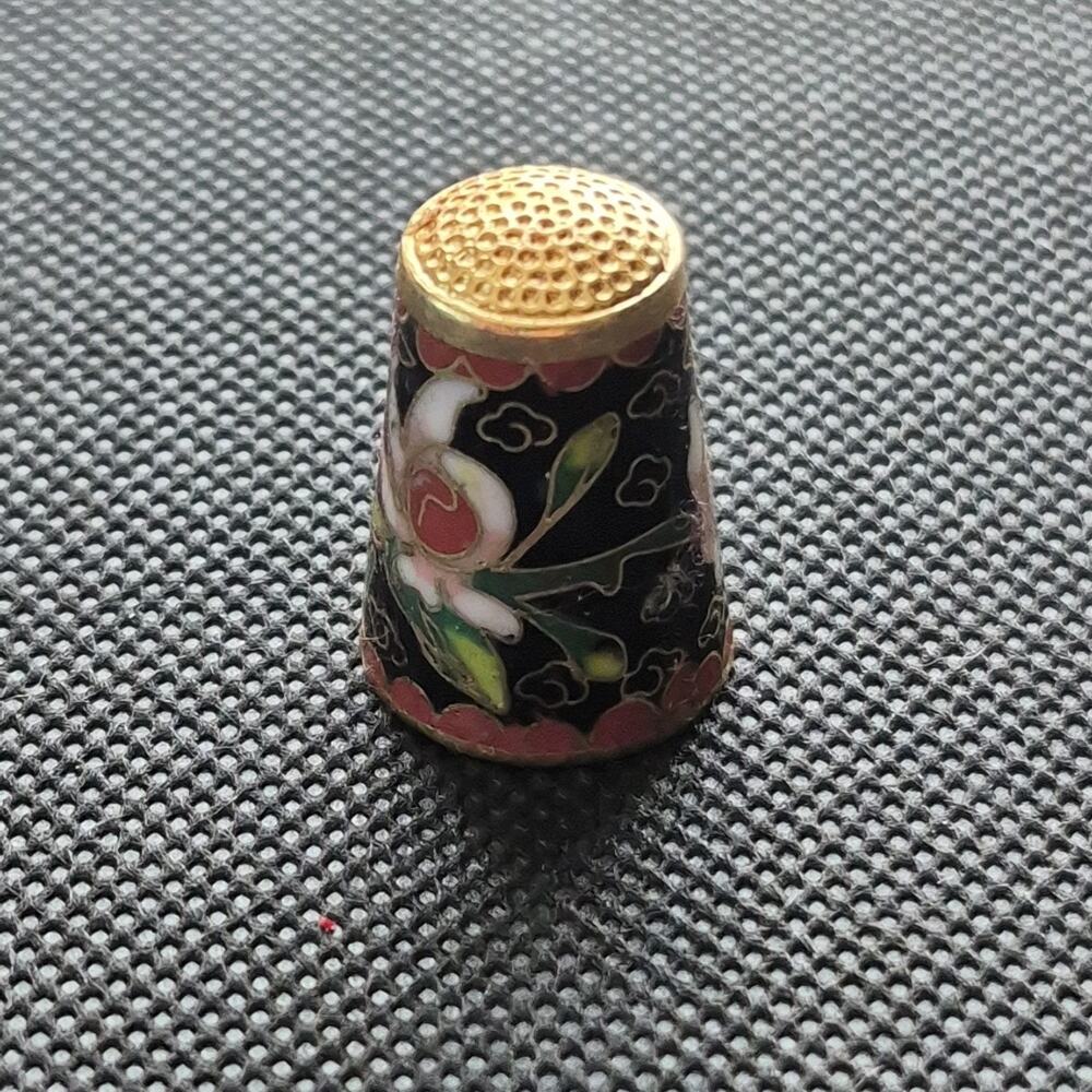 Vintage Cloisonne Thimble Cobalt Blue Pink Green Gold Tone Flowers Enamel Inlay